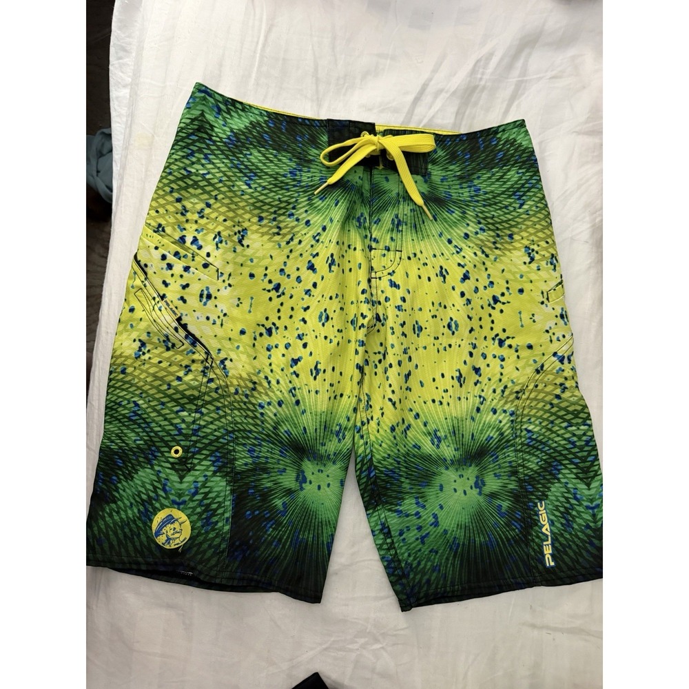 Pelagic Men's Sharkskin Fishing Board Shorts Yellow Green Blue  32